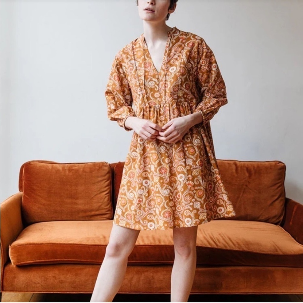 Mata Traders Sohla paisley baby doll mini dress long sleeve brown orange casual